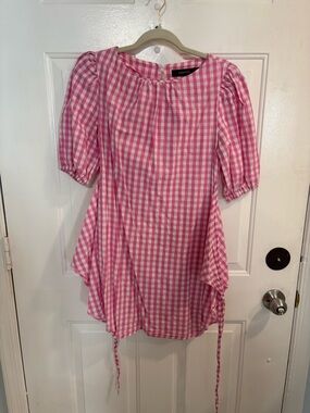 Fashion to Figure Pink White Gingham Puff Sleeve Tunic Dress